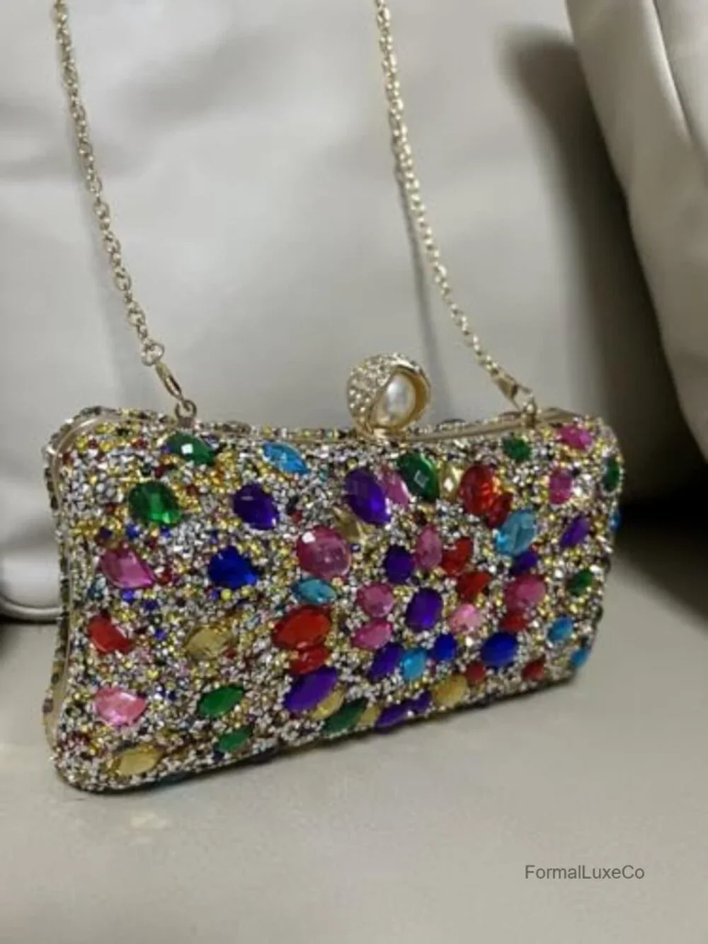 Crystal Box Clutch with Removable Chain Straps, Jeweled Evening Purse